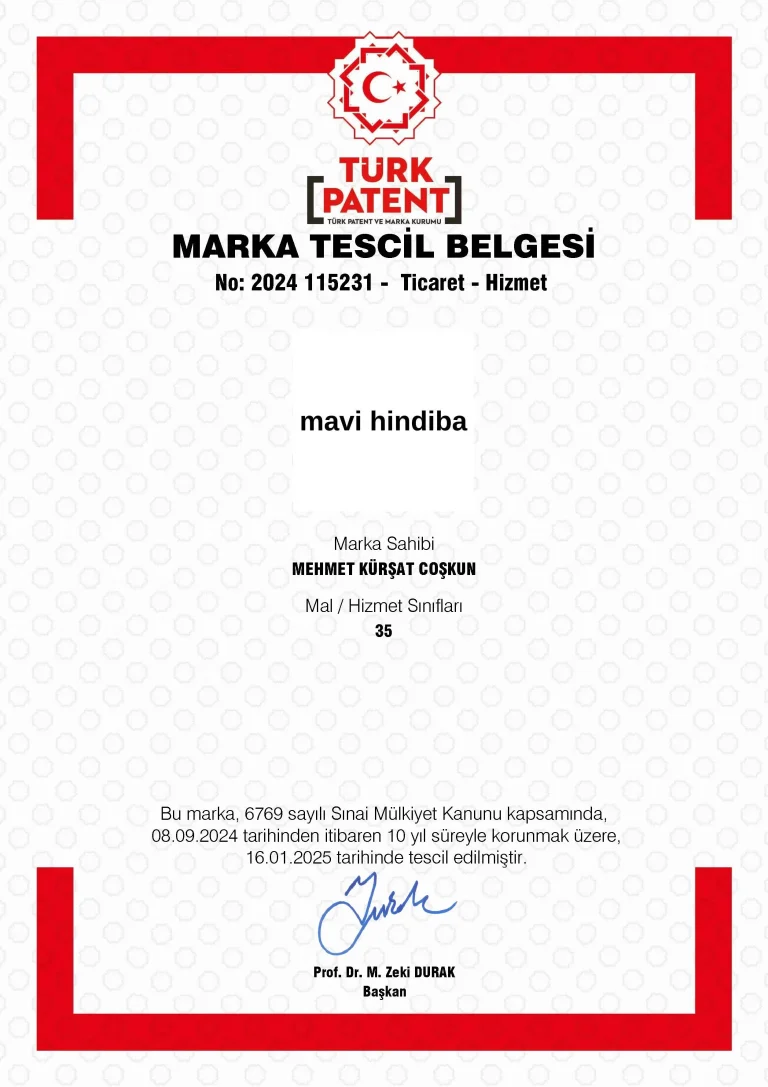 mavi hindiba-marka tescil belgesi